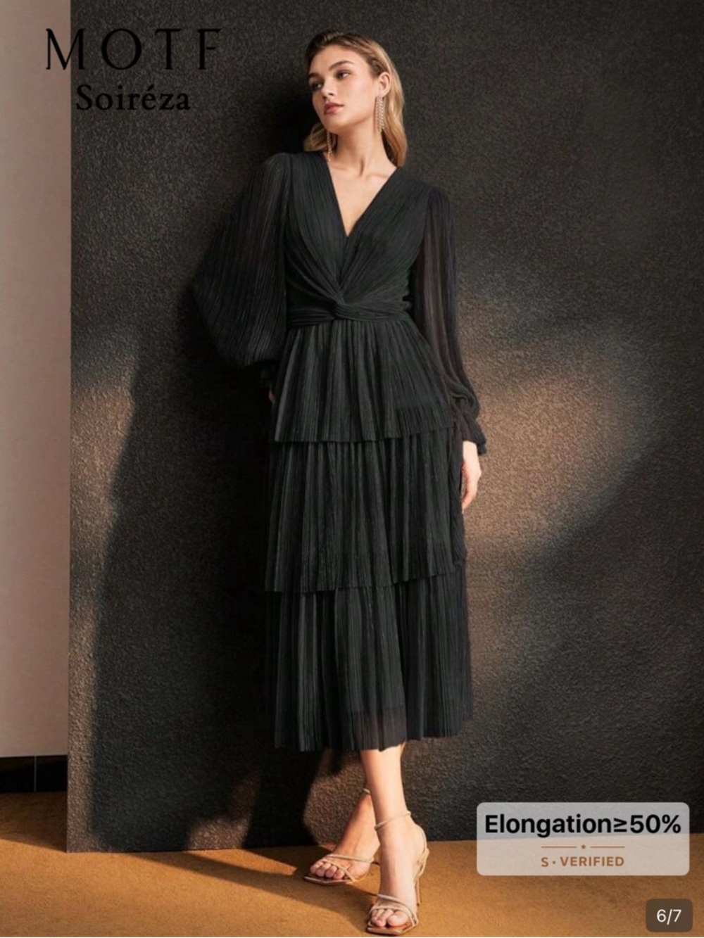 SHEIN Black V-Neck Pleated Tiered Midi Dress